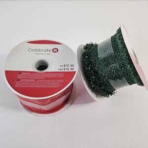 Christmas Gift Present Craft Set 2 Red Semi Clear Wired Green Nylon Ribbon